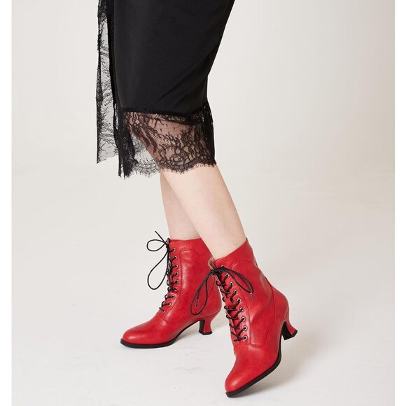 Women's Victorian Ankle Boots Mid Calf Round Toe Boots With Chunky Heel Red - Picture 5 of 7